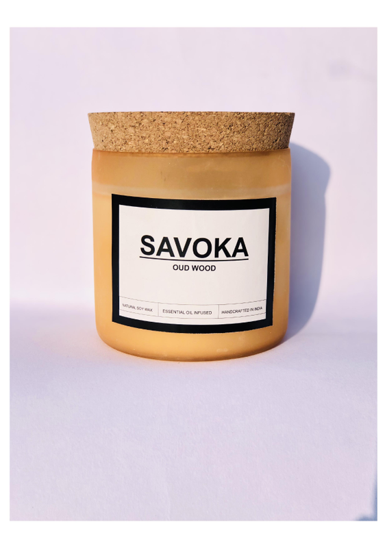 SAVOKA Handmade 100% soy wax OUD WOOD Scented Candle, 400 grms, upto 100 hours