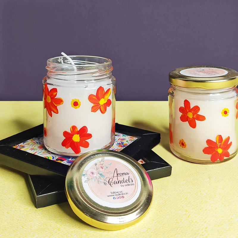 Free hand floral design On Glass Jar Aroma Candle